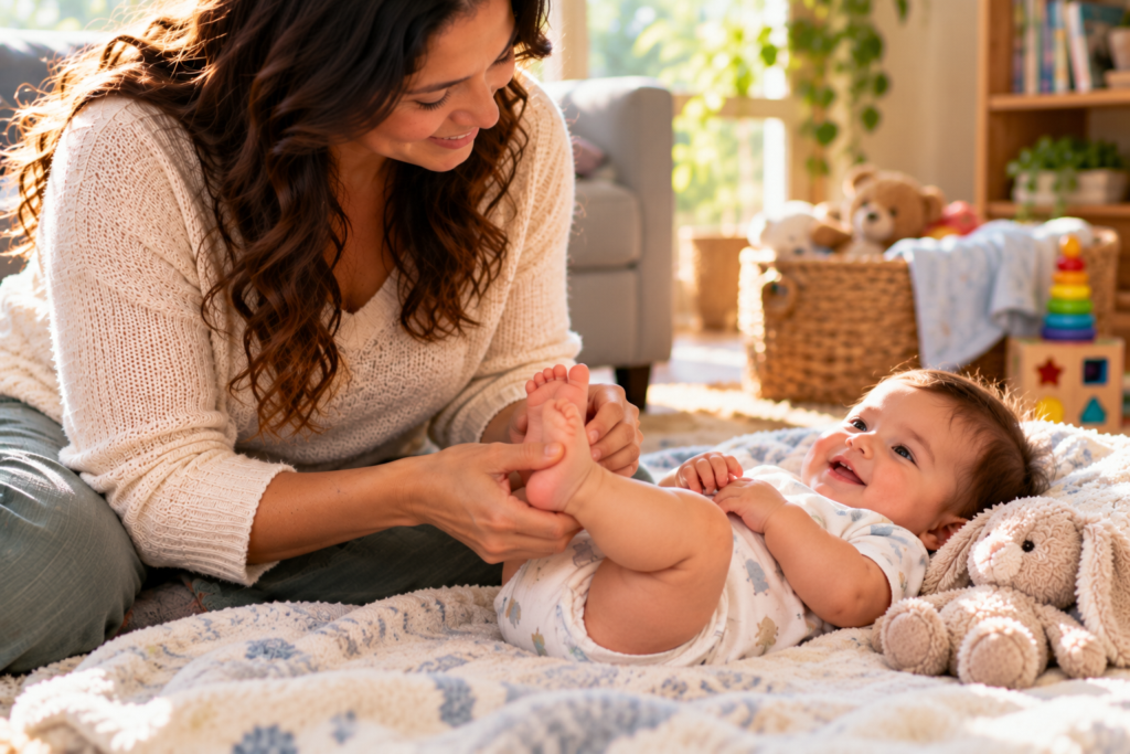 Parent gently rubbing the soles of a relaxed baby’s feet with light circular strokes.