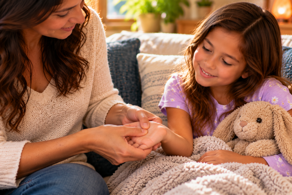Close-up of a parent’s hands gently holding and pressing a child’s small hand.