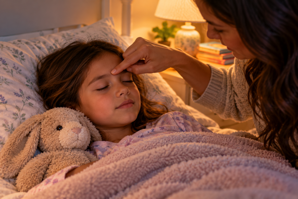 Parent gently pressing the point between a child’s eyebrows as the child lies in bed with eyes closed.