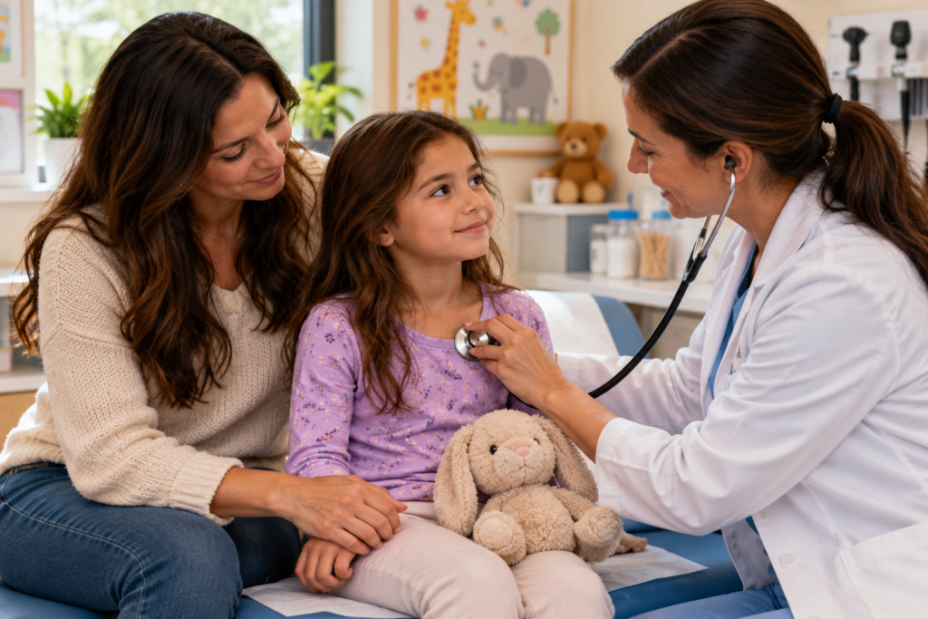 Pediatrician gently listening to a child’s chest with a stethoscope while a parent sits beside them.