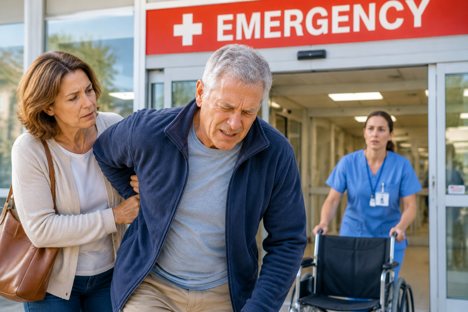 Person with severe low back pain being helped into a hospital emergency entrance.