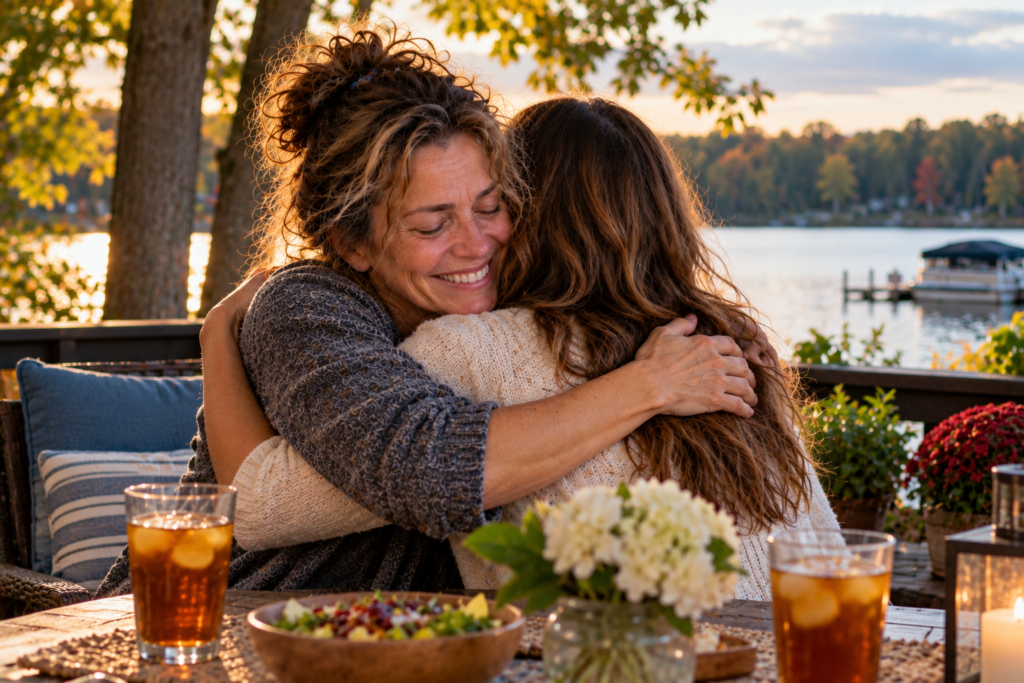 Person smiling warmly and hugging a friend on a sunny patio, relaxed and genuinely happy for them.