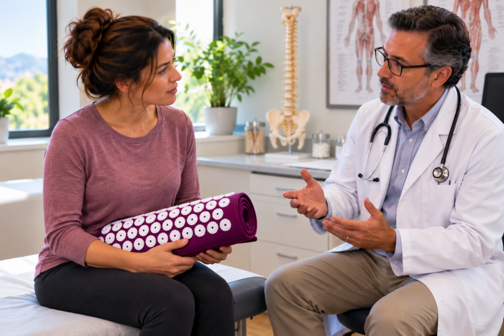 Person seated in a clinic talking with a doctor while holding a rolled-up acupressure mat.