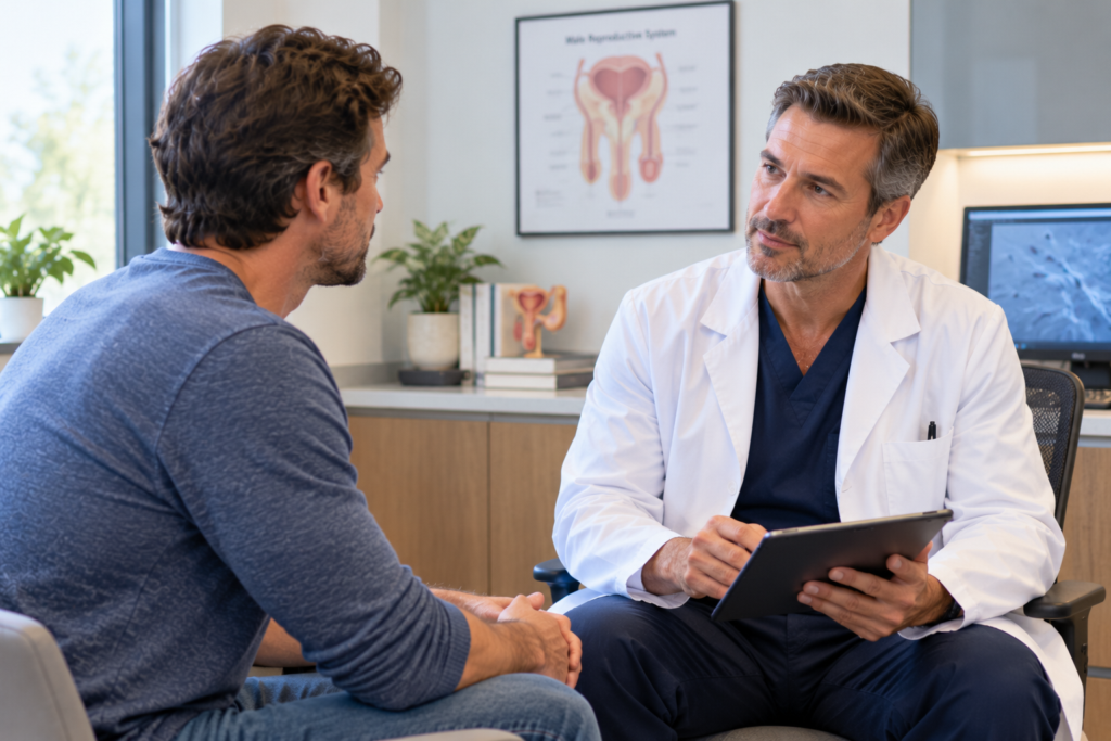 Person sitting in a medical office talking with a urologist about fertility evaluation and next steps.