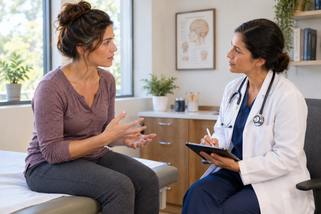 Person sitting in an exam room talking with a doctor who is taking notes.