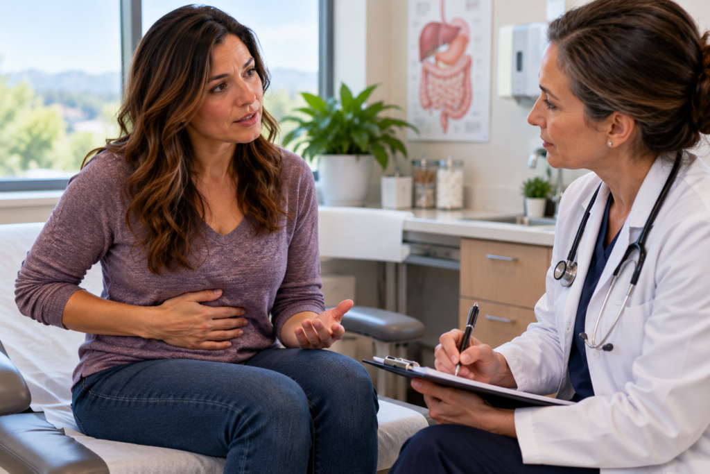 Person seated in a clinic talking with a doctor about persistent nausea.