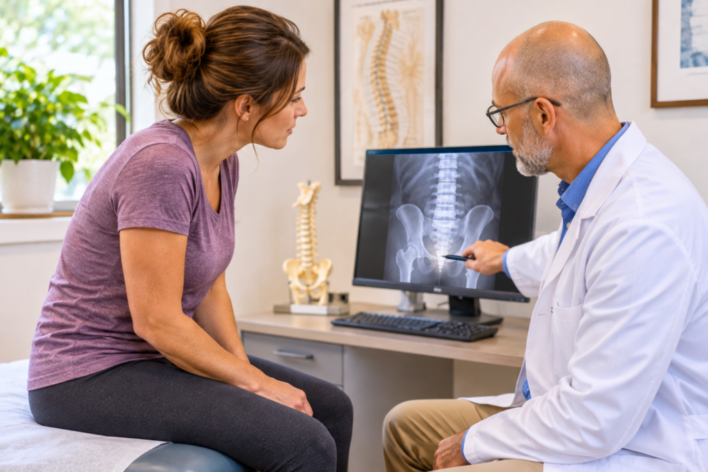 Person seated carefully on the edge of an exam table talking with a doctor who is reviewing a lower spine X-ray on a screen.