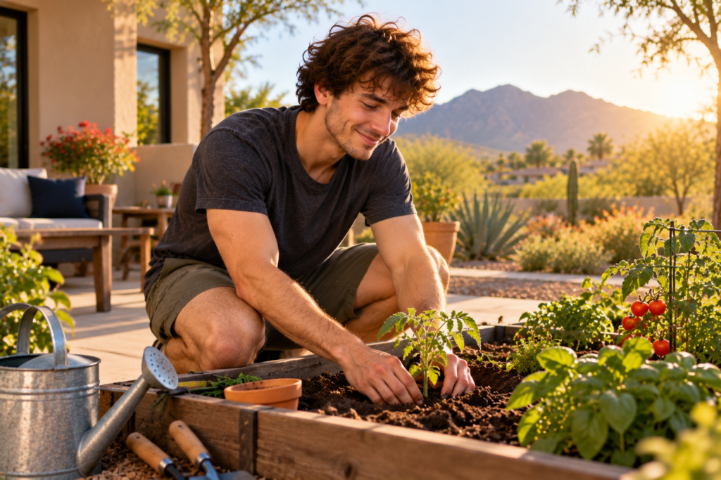 Person smiling while working on a garden project on a sunny patio, sleeves rolled up and fully engaged.