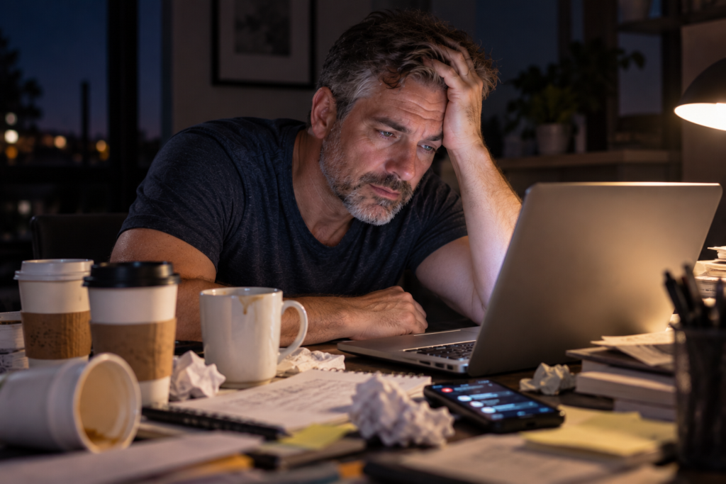 Person slumped at a desk late at night, head resting in one hand in front of a bright laptop screen.