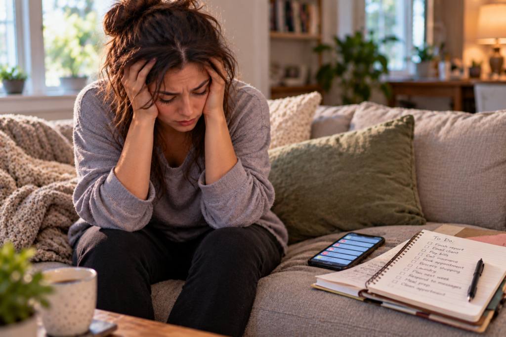 Person sitting on a couch holding their head in their hands, a phone full of notifications and a long to-do list beside them.