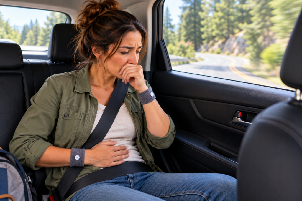 Person in the back seat of a moving car, hand on stomach, looking pale and uncomfortable.