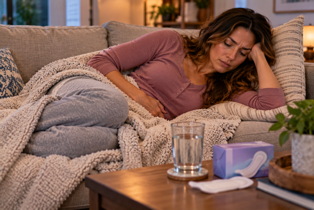 Person curled on a couch under a blanket, holding their lower abdomen and looking fatigued.