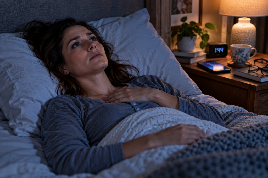 Person lying awake in bed with eyes open, one hand on their chest, a phone glowing on the nightstand.