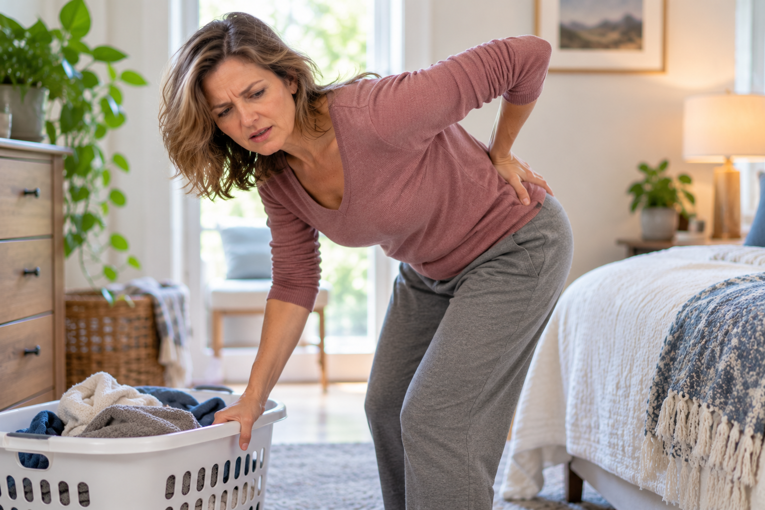 Person bent forward beside a laundry basket, one hand pressed to their lower back, frozen by a sudden muscle spasm.