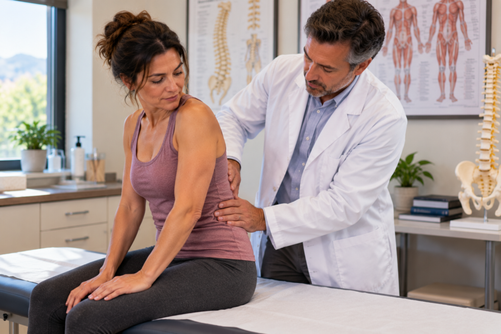 Person seated on an exam table as a doctor gently examines their lower back.
