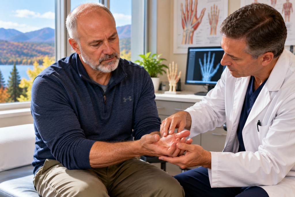 Person seated in a bright exam room as a hand specialist gently examines their open palm.