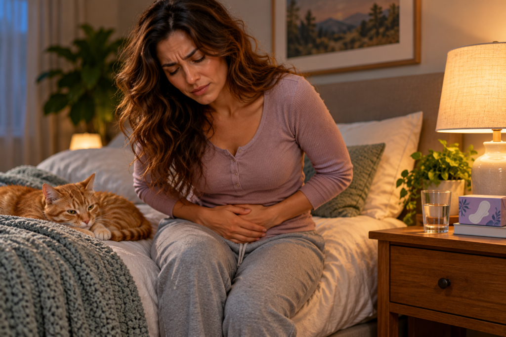 Person sitting on the edge of a bed, hunched slightly forward with both hands pressed to the lower abdomen.