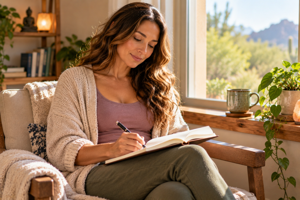 Person sitting by a window writing in a journal with a calm expression.