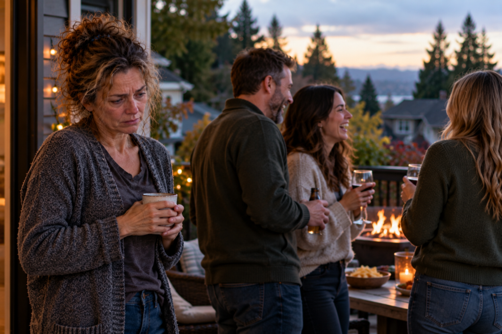 Person standing at the edge of a group of friends who are laughing together, looking down with a hurt expression.