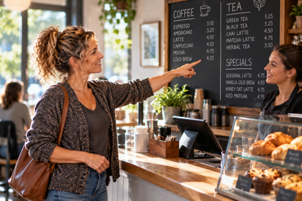 Person at a café counter pointing to a menu item with a relaxed, decisive smile.