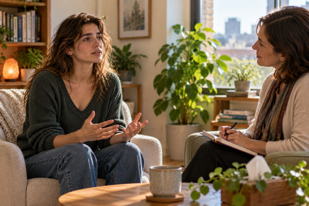 Person sitting in a bright office speaking openly with a counselor who listens with a warm expression.