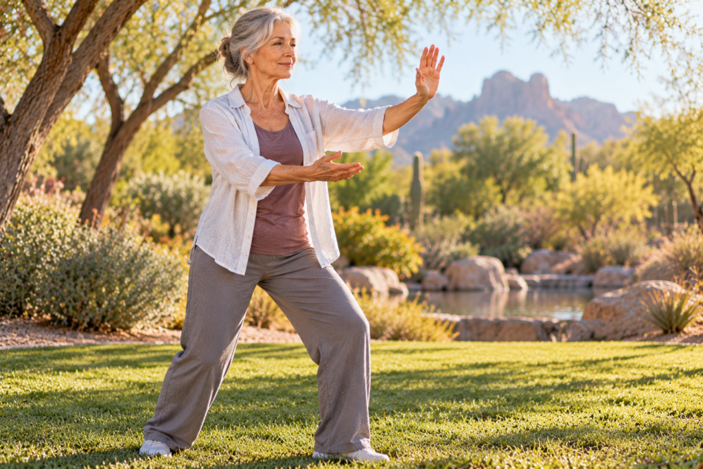 Person practicing slow tai chi movements in a peaceful park in the morning.