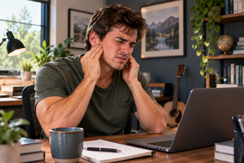 Person sitting at a desk pressing their fingertips into the jaw muscle near the angle of the jaw to release clenching that sends pain into the ear.