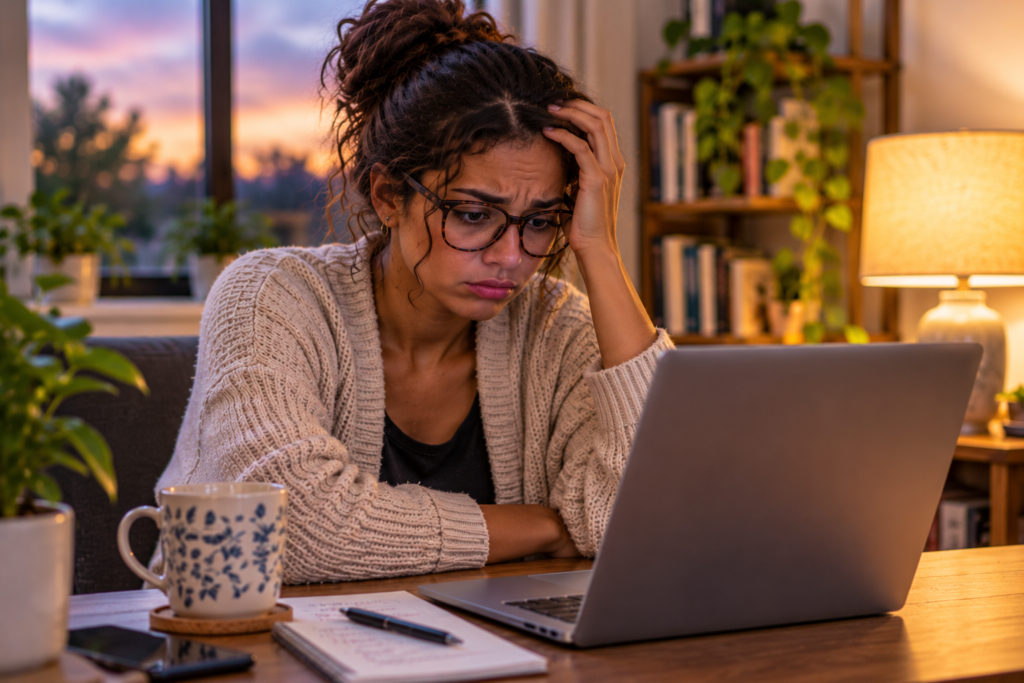Person sitting at a desk staring at a laptop screen with slumped shoulders and a deflated expression.