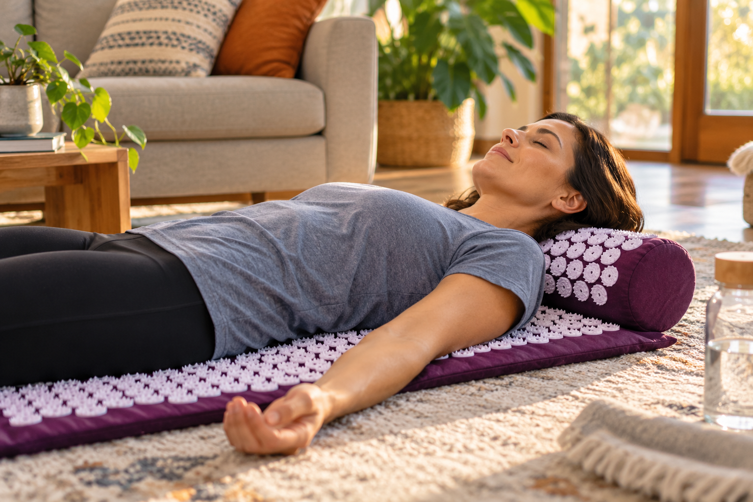 Person lying on an acupressure mat on a living room floor, eyes closed, with a matching pillow under the neck.