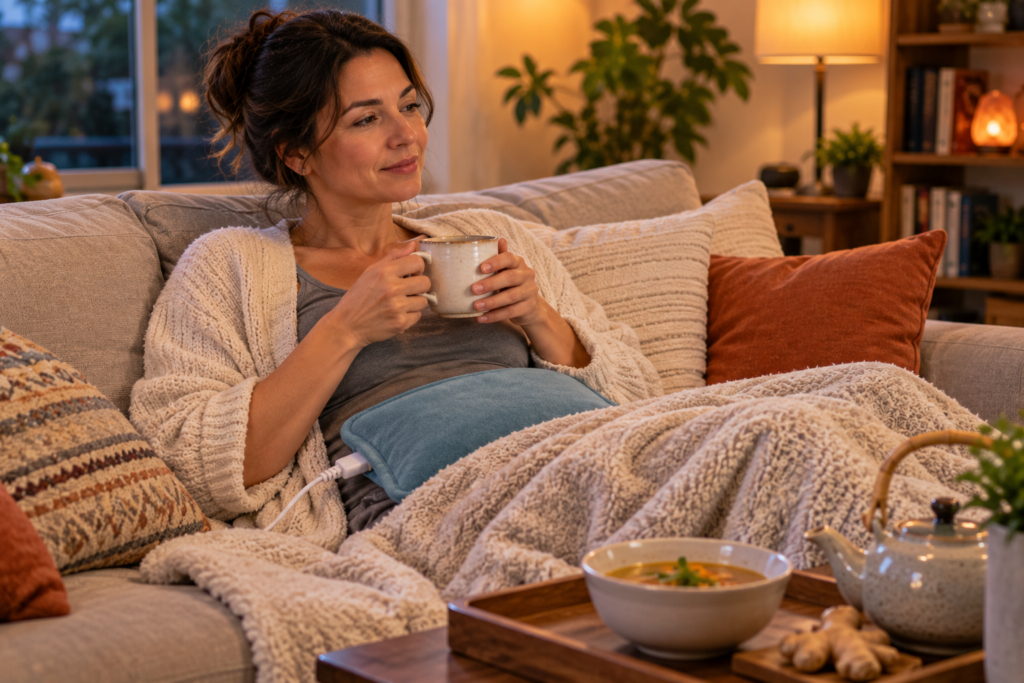 Person reclining on a couch with a heating pad on the lower abdomen and a mug of ginger tea in hand.