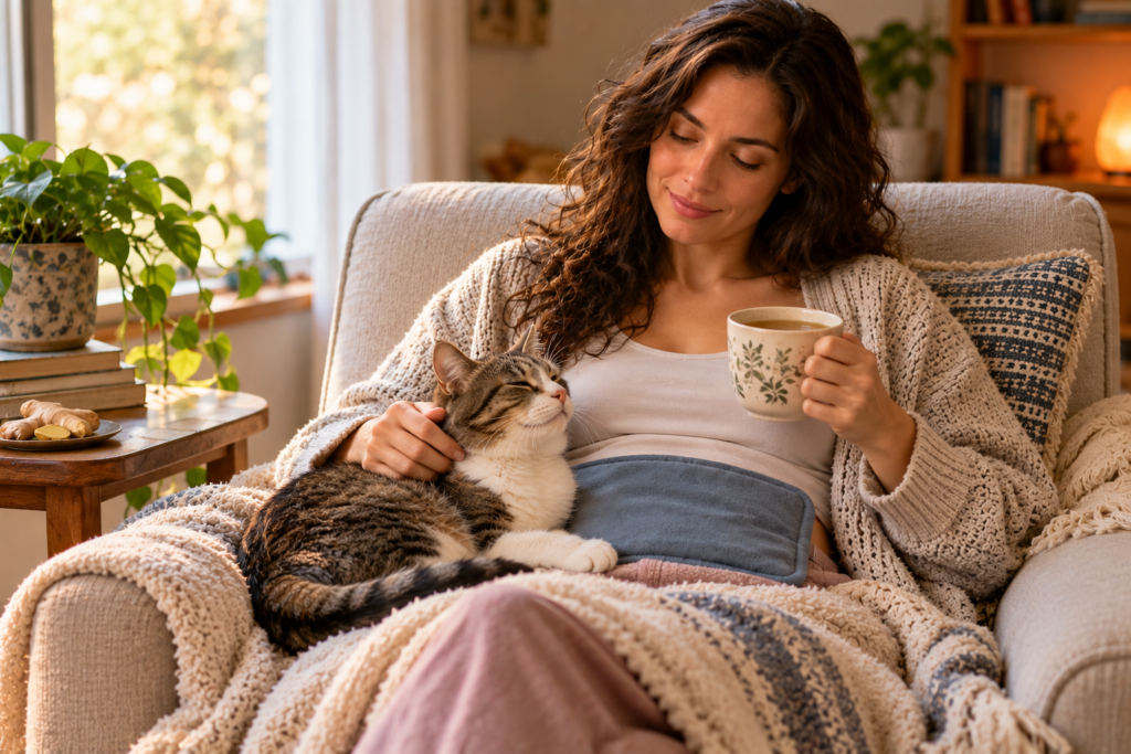 Person sitting comfortably in a cozy chair with a heating pad on their lower abdomen and a cup of warm tea.