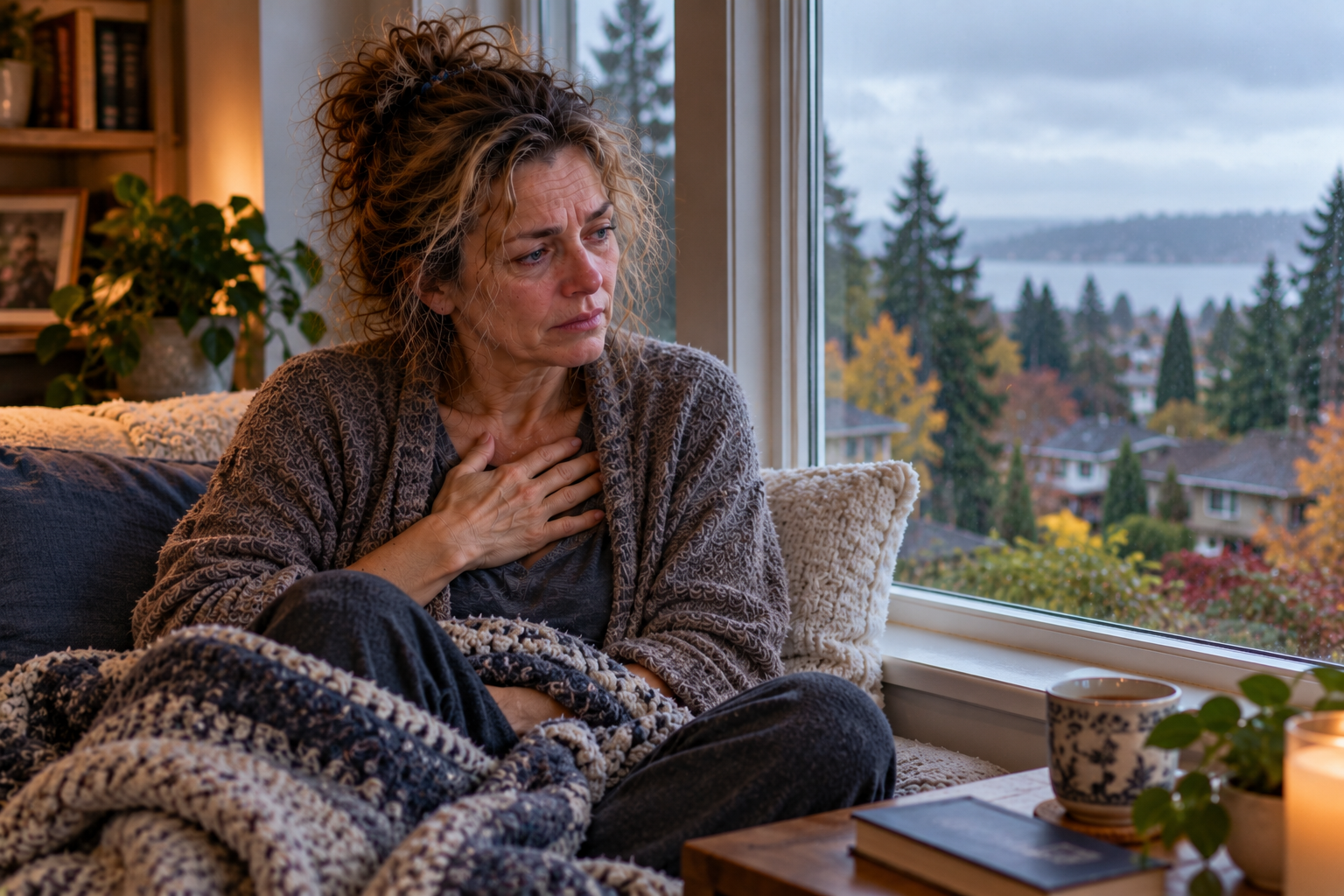 Person sitting on a window seat with eyes closed, resting fingertips on the upper chest while breathing slowly.