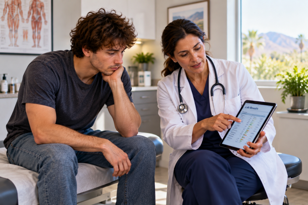 Person sitting in a bright exam room as a doctor reviews blood test results on a tablet with them.