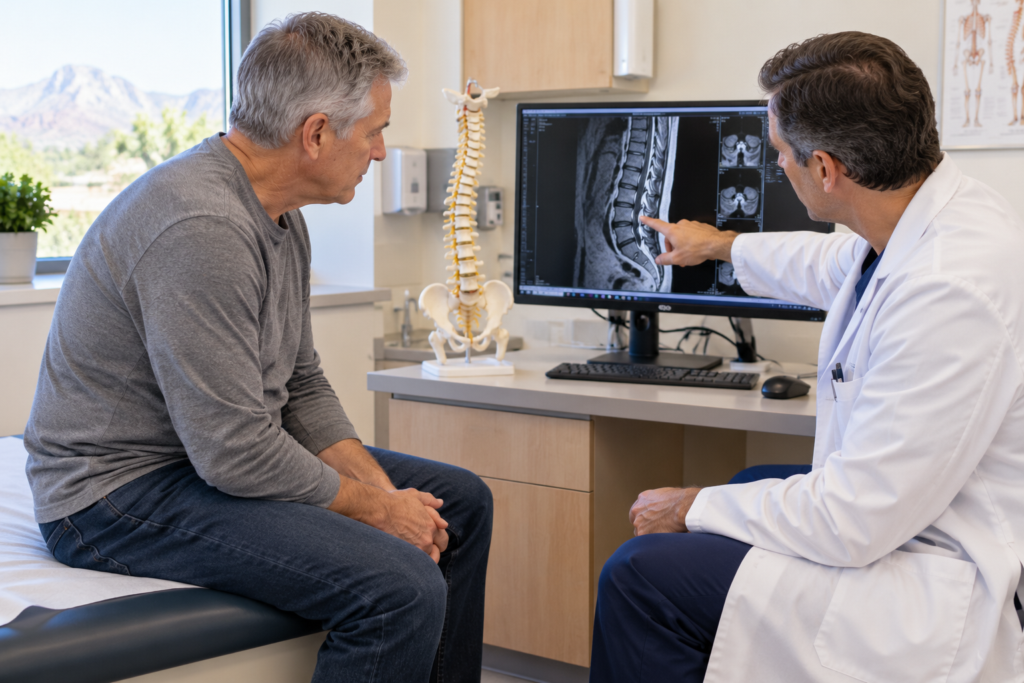Person sitting in a clinic exam room as a spine surgeon reviews a lower back scan on a screen.