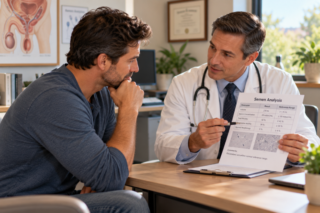 Person sitting across a desk from a doctor who is explaining semen analysis results on a printed report.