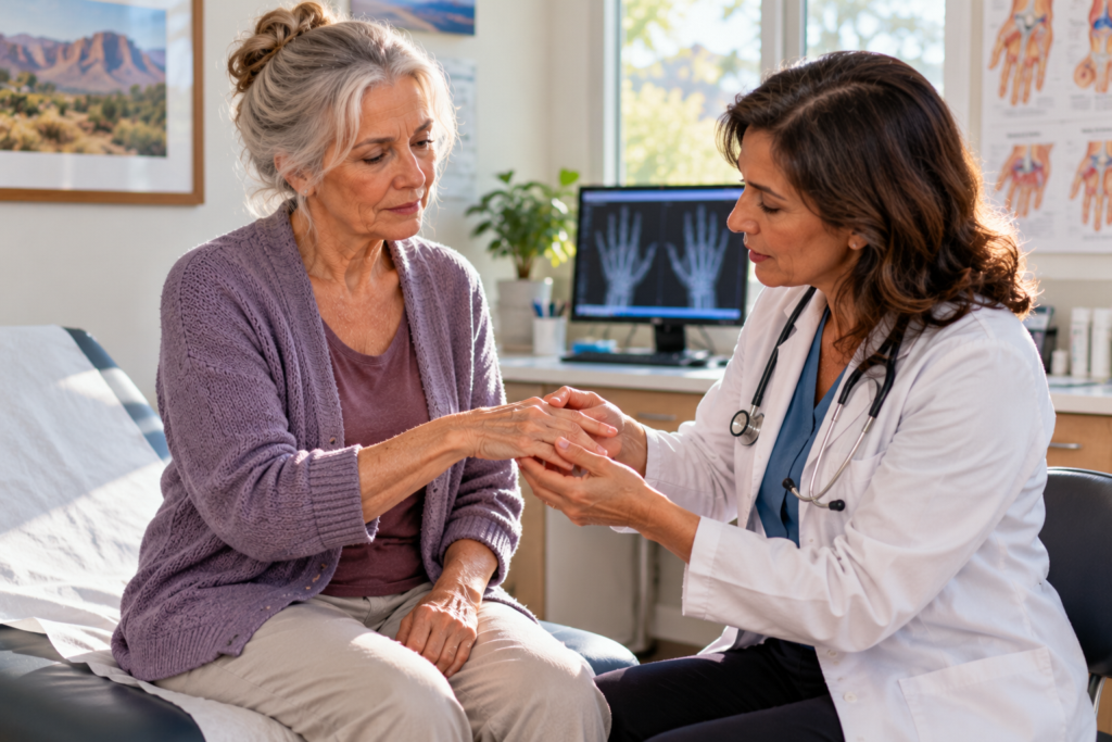 Person seated in a bright exam room as a rheumatologist gently examines the joints of their hand.