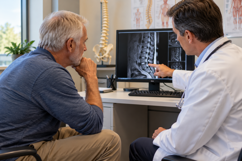 Person sitting with a doctor who points to a lower spine MRI on a computer screen in a medical office.