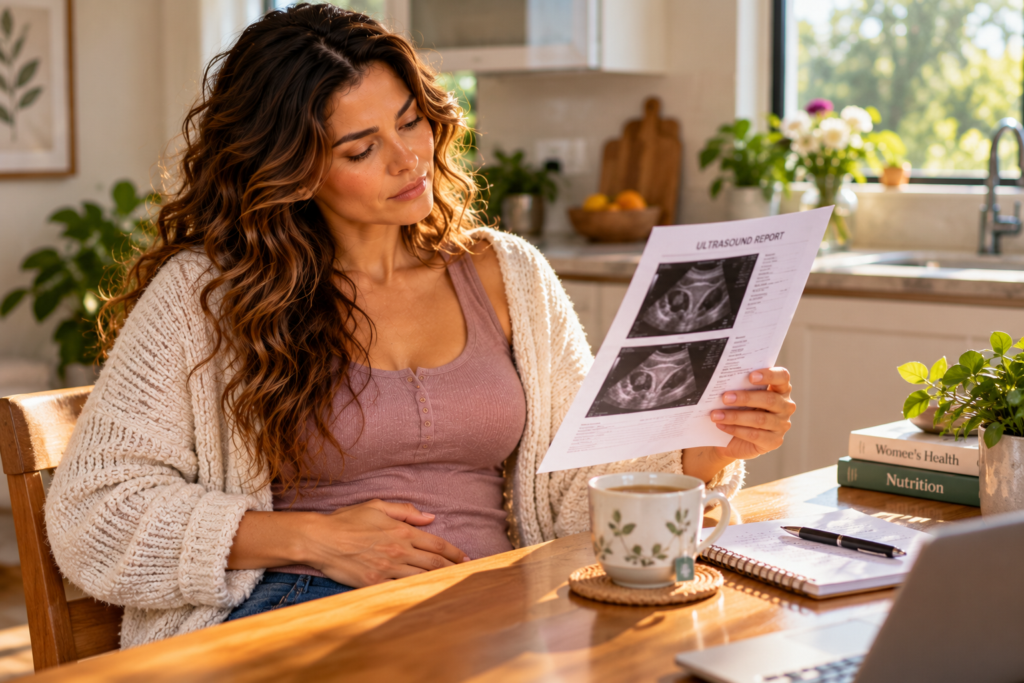 Person sitting at a kitchen table holding an ultrasound report, one hand resting on their lower abdomen.
