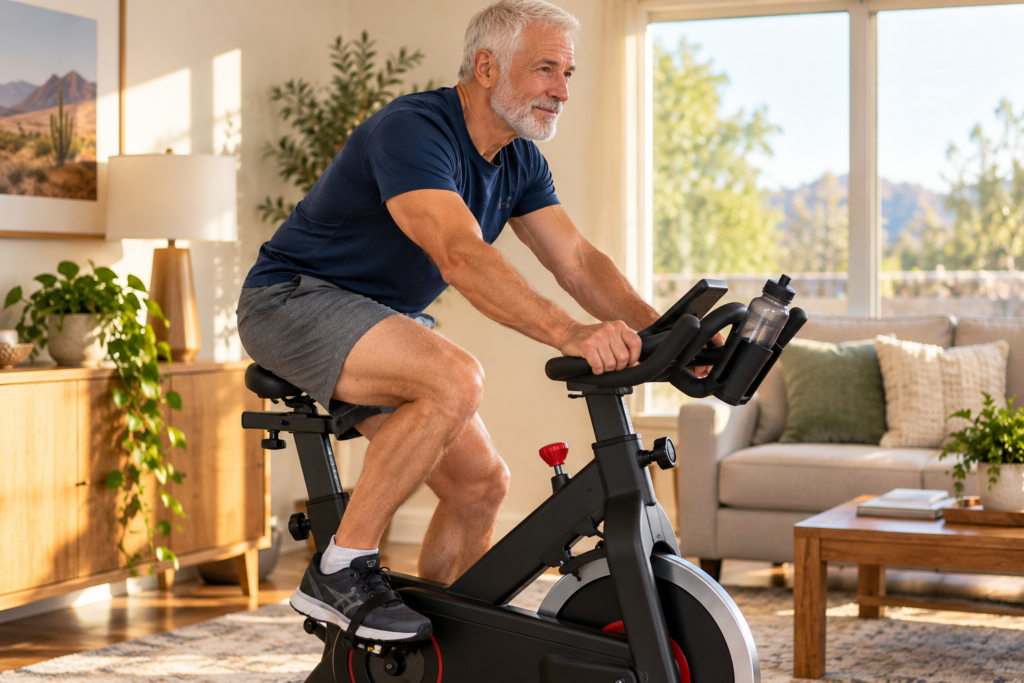 Person in their sixties riding a stationary bike in a bright living room, leaning slightly forward on the handlebars.