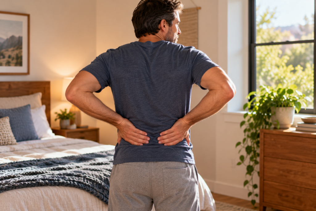 Person standing in a bedroom rubbing their lower back with both palms to warm the Kidney acupressure points.