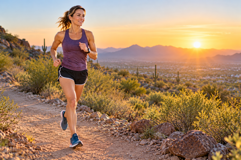 Smiling person running comfortably along a quiet dirt trail at sunrise.