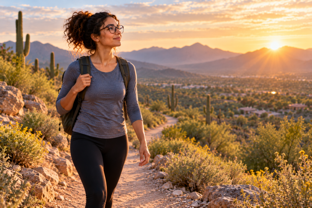 Person walking along a desert trail at sunrise, looking ahead with a calm, hopeful expression.