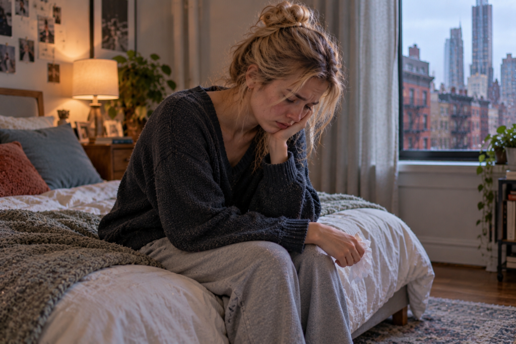 Person sitting on the edge of a bed with shoulders rounded and head lowered, holding a tissue.