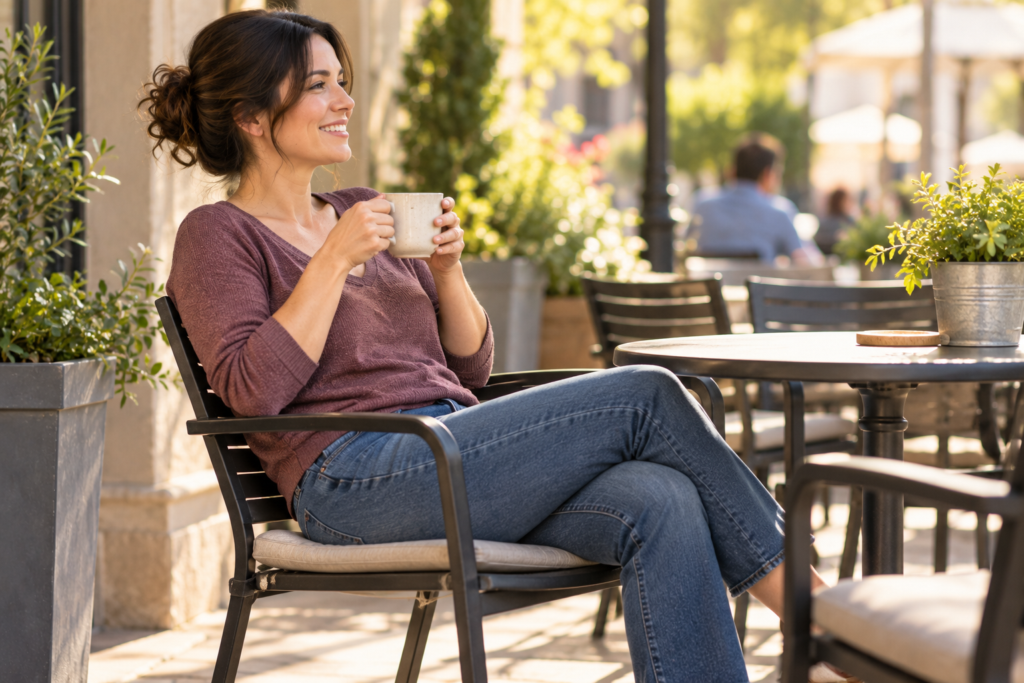 Smiling person sitting comfortably at an outdoor café table, relaxed and at ease with a cup of coffee.