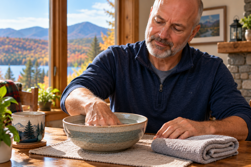 Person resting one hand in a bowl of warm water at a table, with a towel folded nearby.