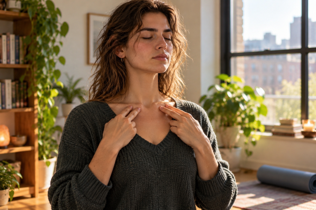 Person standing upright in a sunlit room, pressing both hollows below the collarbones while breathing slowly.