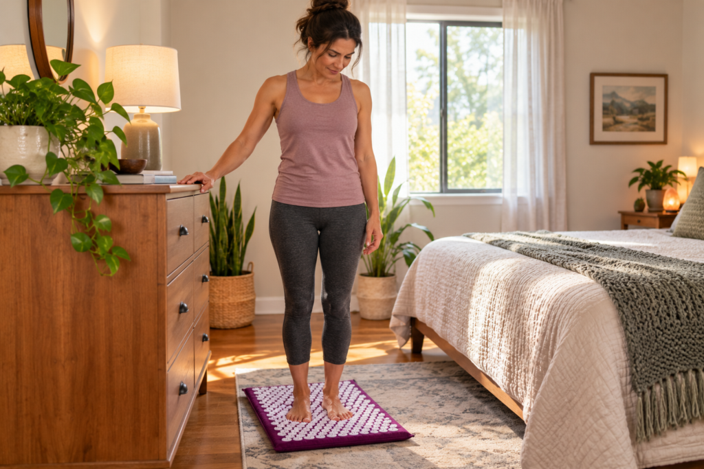 Person standing barefoot on an acupressure mat in a bedroom, holding onto a dresser for balance.