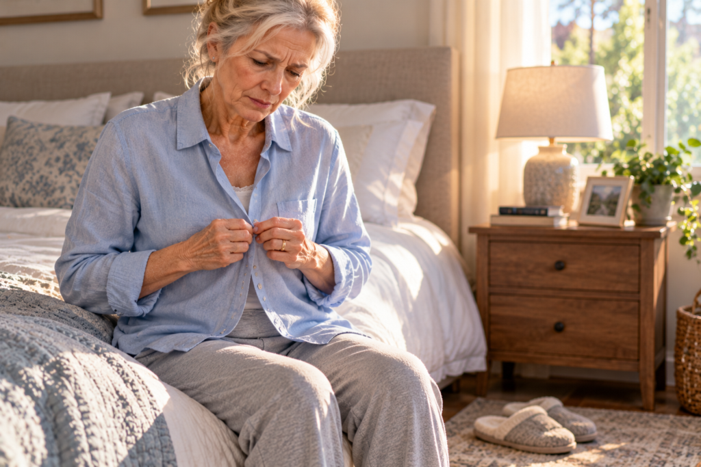 Person sitting on the edge of a bed, working slowly to fasten a shirt button with stiff fingers.