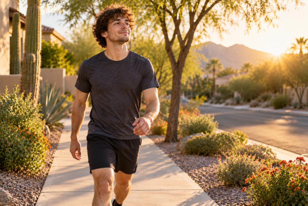 Person walking in a neighborhood in early morning light with a relaxed, energized expression.