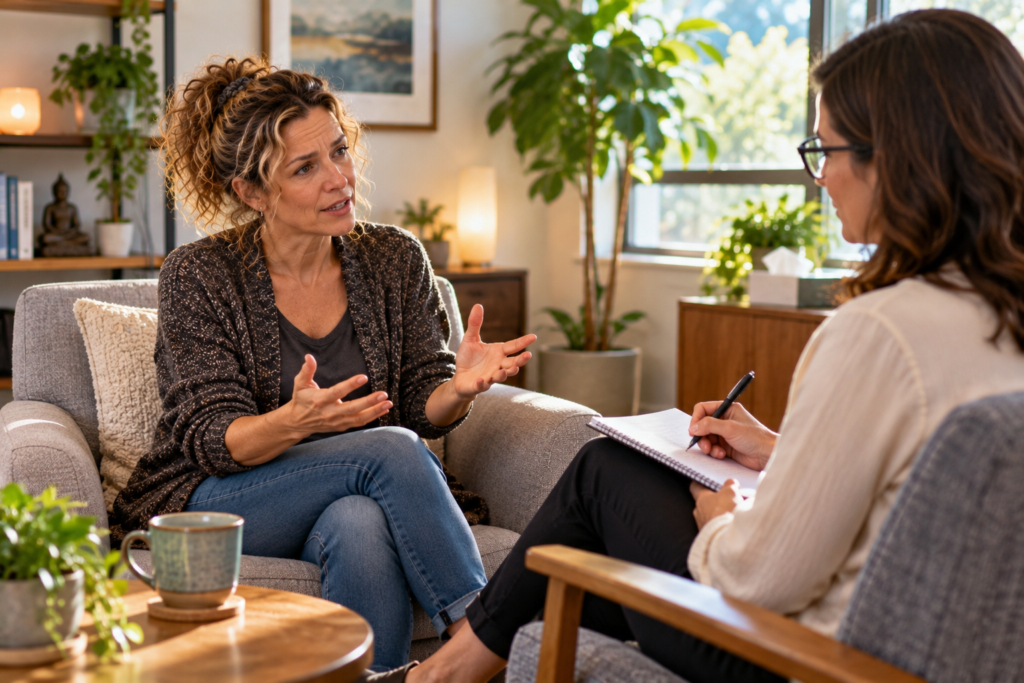 Person sitting in a bright office talking with a counselor who listens and takes notes.